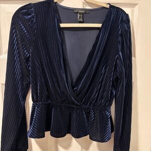 Forever 21 Blue Ribbed Wrap Peplum Blouse